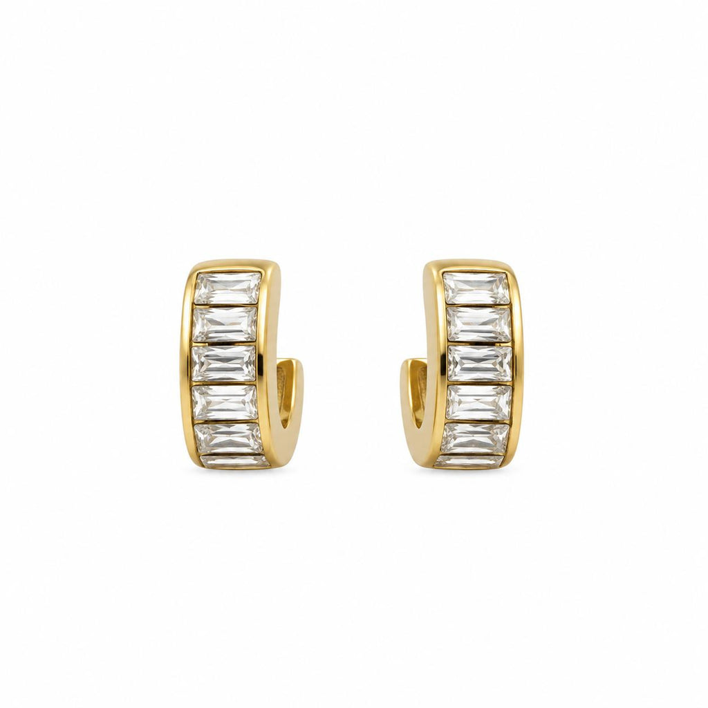 Baguette Zircon Stone Hoop Earrings – Steel | 18K Gold Plated | Water Resistant