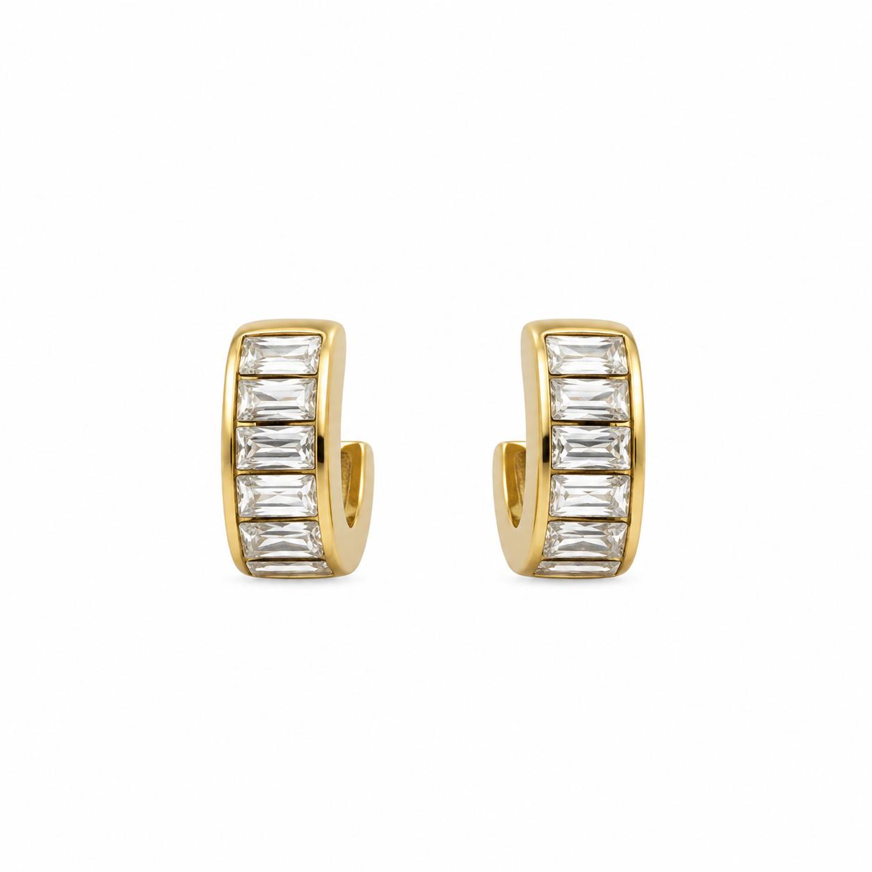 Baguette Zircon Stone Hoop Earrings – Steel | 18K Gold Plated | Water Resistant