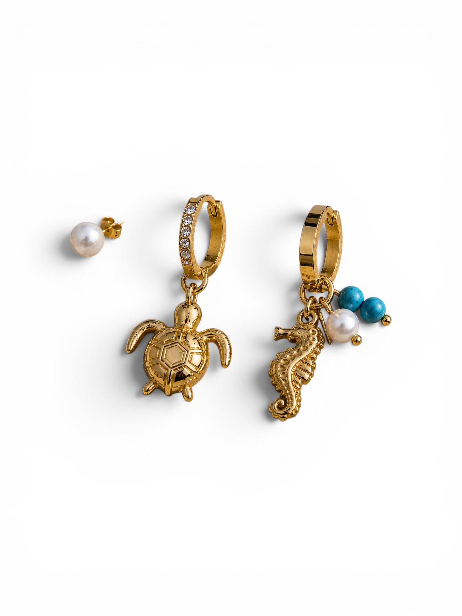 Sea-Themed Charm Earring Set – Steel | 18K Gold Plated | Water Resistant