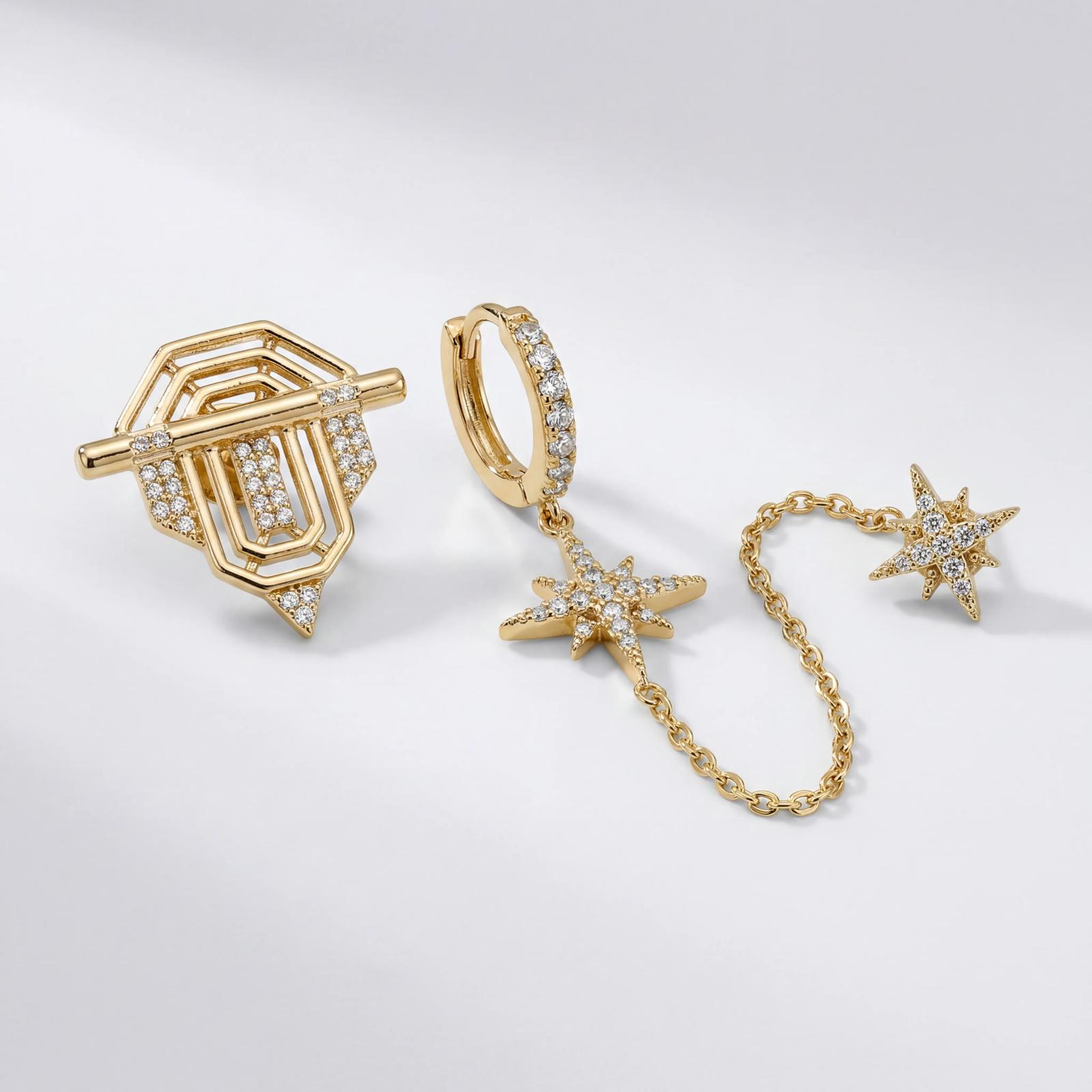Xuping Stern-Detail Asymmetrisches Ohrring-Set – Edelstahl | 18K Vergoldet | Wasserfest