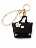 Mini-Taschenschlüsselanhänger mit Blumenmuster – schwarzer Taschenanhänger mit Perlenkette