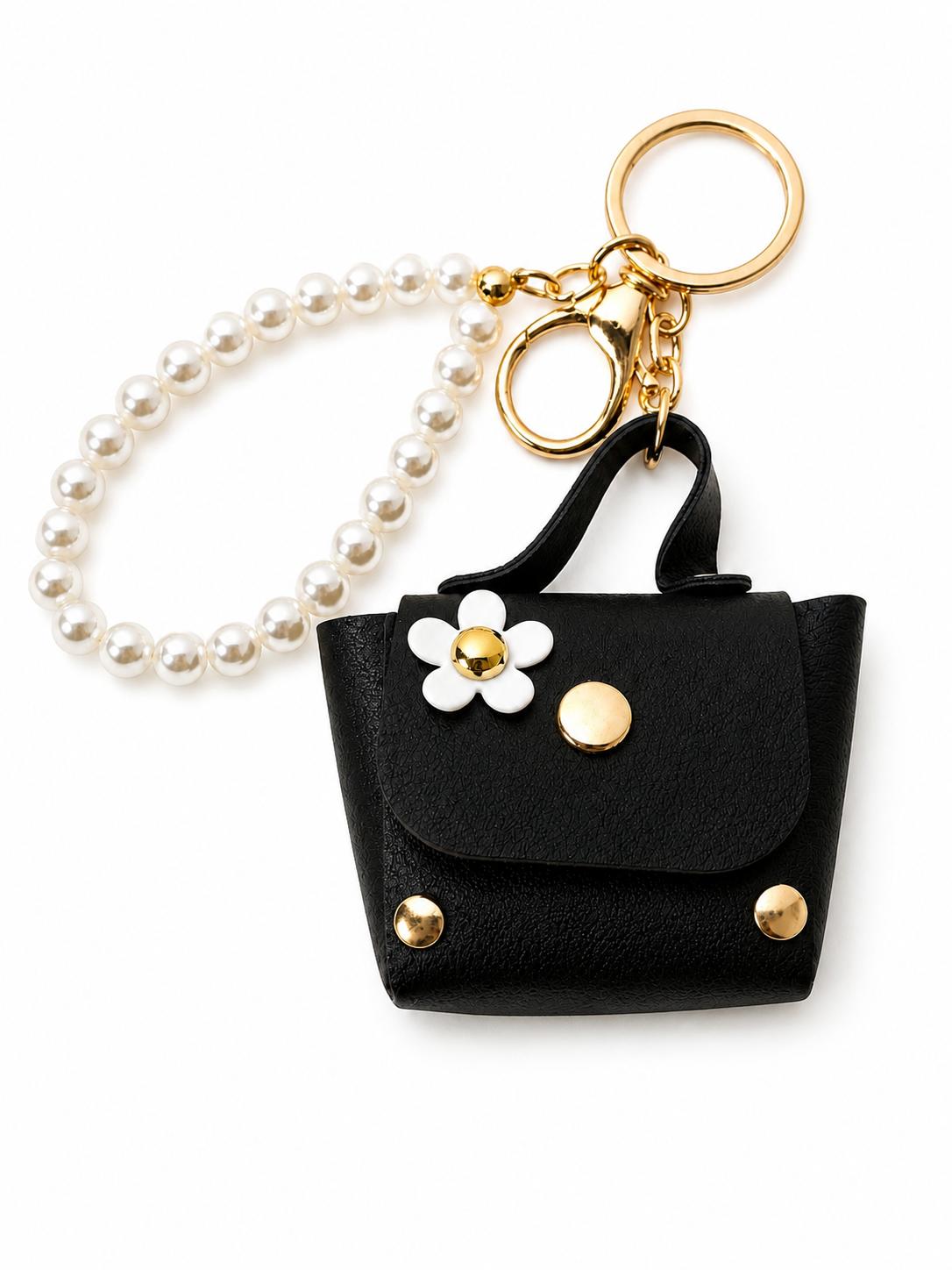 Mini-Taschenschlüsselanhänger mit Blumenmuster – schwarzer Taschenanhänger mit Perlenkette