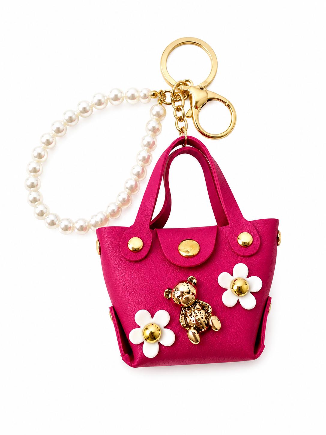Teddy Bear & Flower Detailed Mini Bag Keychain – Fuchsia Bag Charm with Pearl Strap