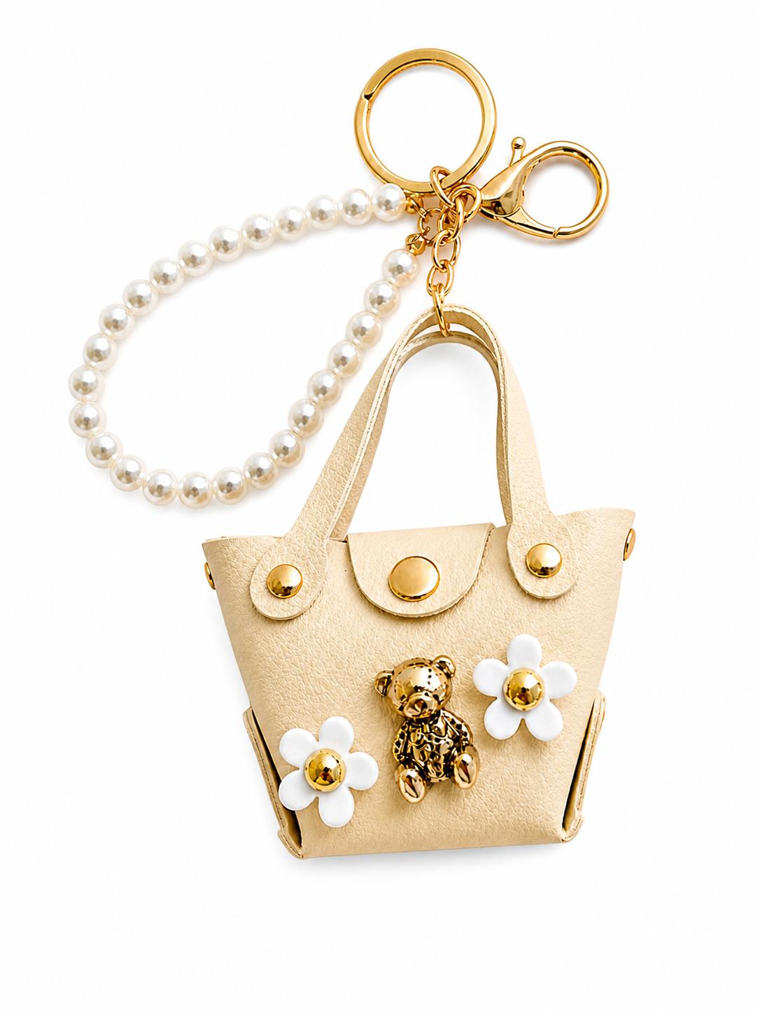 Teddy Bear & Flower Detailed Mini Bag Keychain – Cream Bag Charm with Pearl Strap