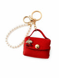 Cherry Detailed Mini Bag Keychain - Red Bag Charm with Pearl Strap