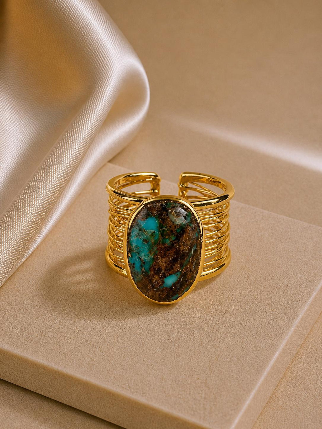 14K Gold Plated Brass Adjustable Natural Stone Ring