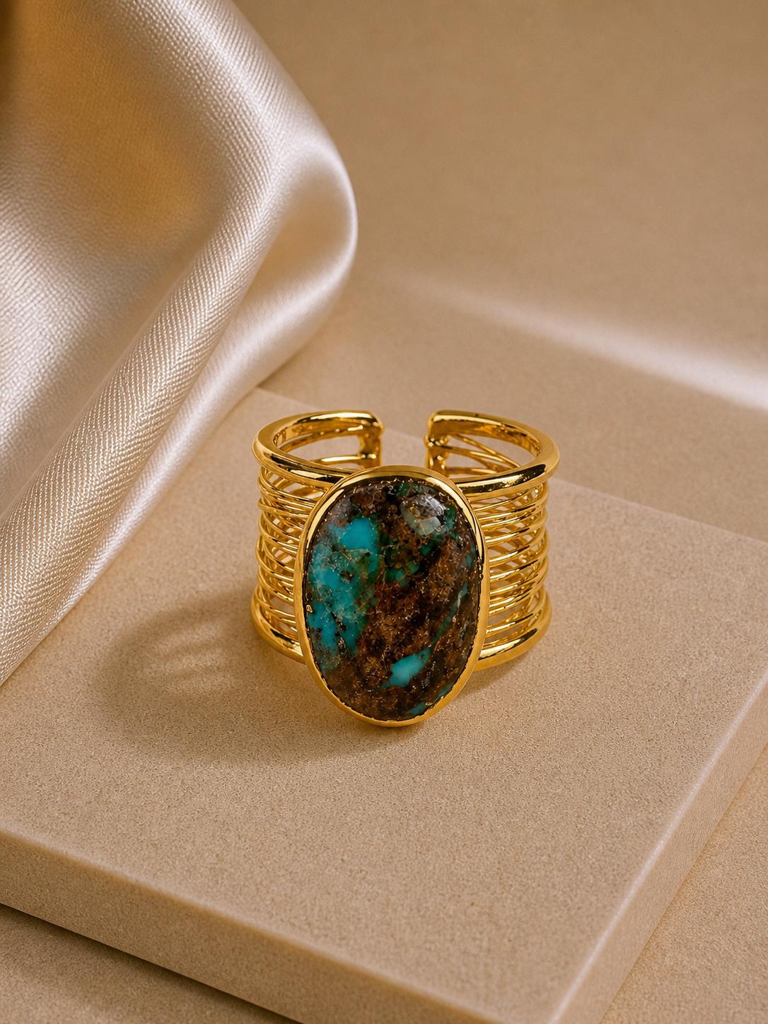14K Gold Plated Brass Adjustable Natural Stone Ring