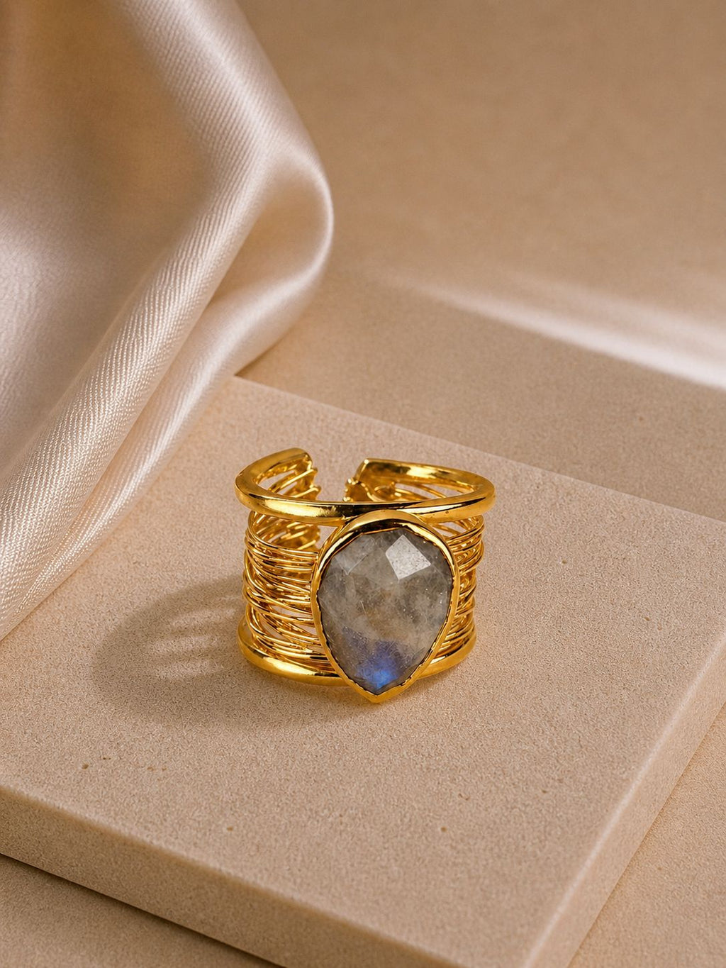 Moonstone Detailed Adjustable Ring – 14K Gold Plated on Brass