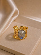 Moonstone Detailed Adjustable Ring – 14K Gold Plated on Brass