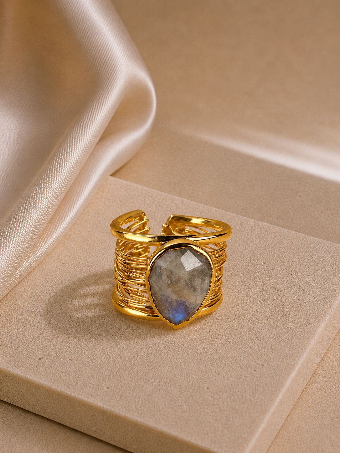 Moonstone Detailed Adjustable Ring – 14K Gold Plated on Brass