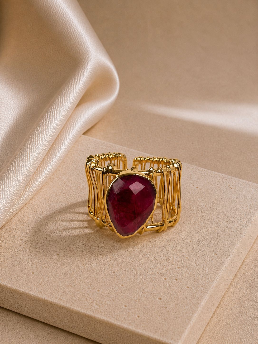 Ruby Stone Adjustable Ring – 14K Gold Plated on Brass