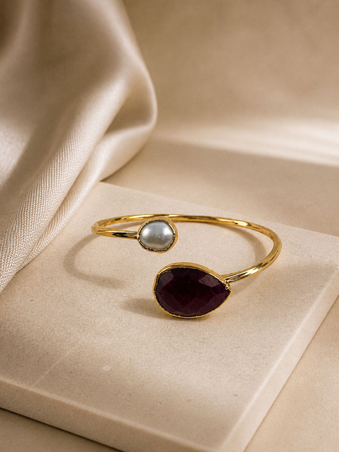 Ruby Pearl Adjustable Bracelet - 14K Gold Plated Over Brass