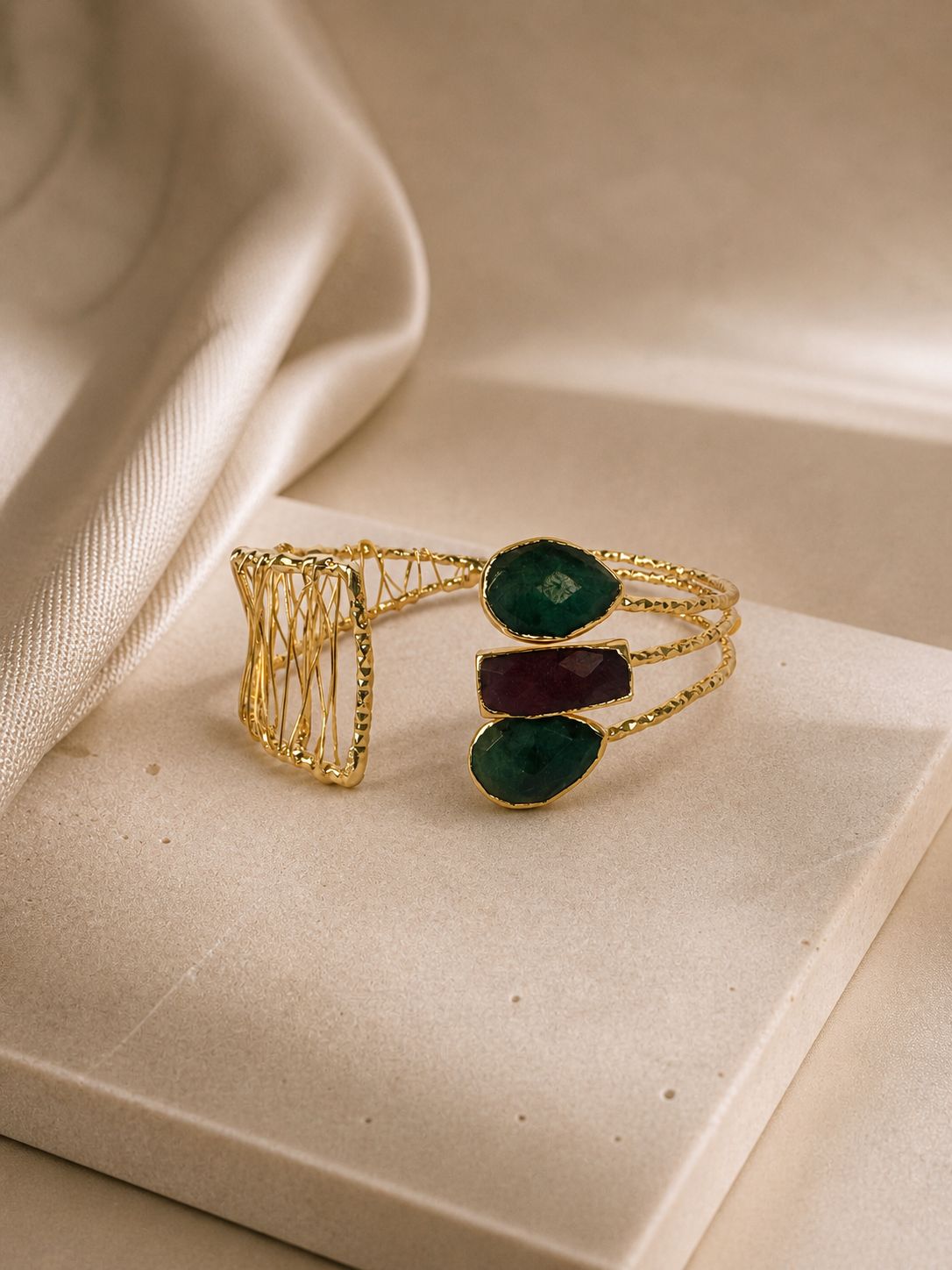Emerald Ruby Adjustable Bracelet - Root ruby and root emerald stone - 14K Gold Plated over Brass