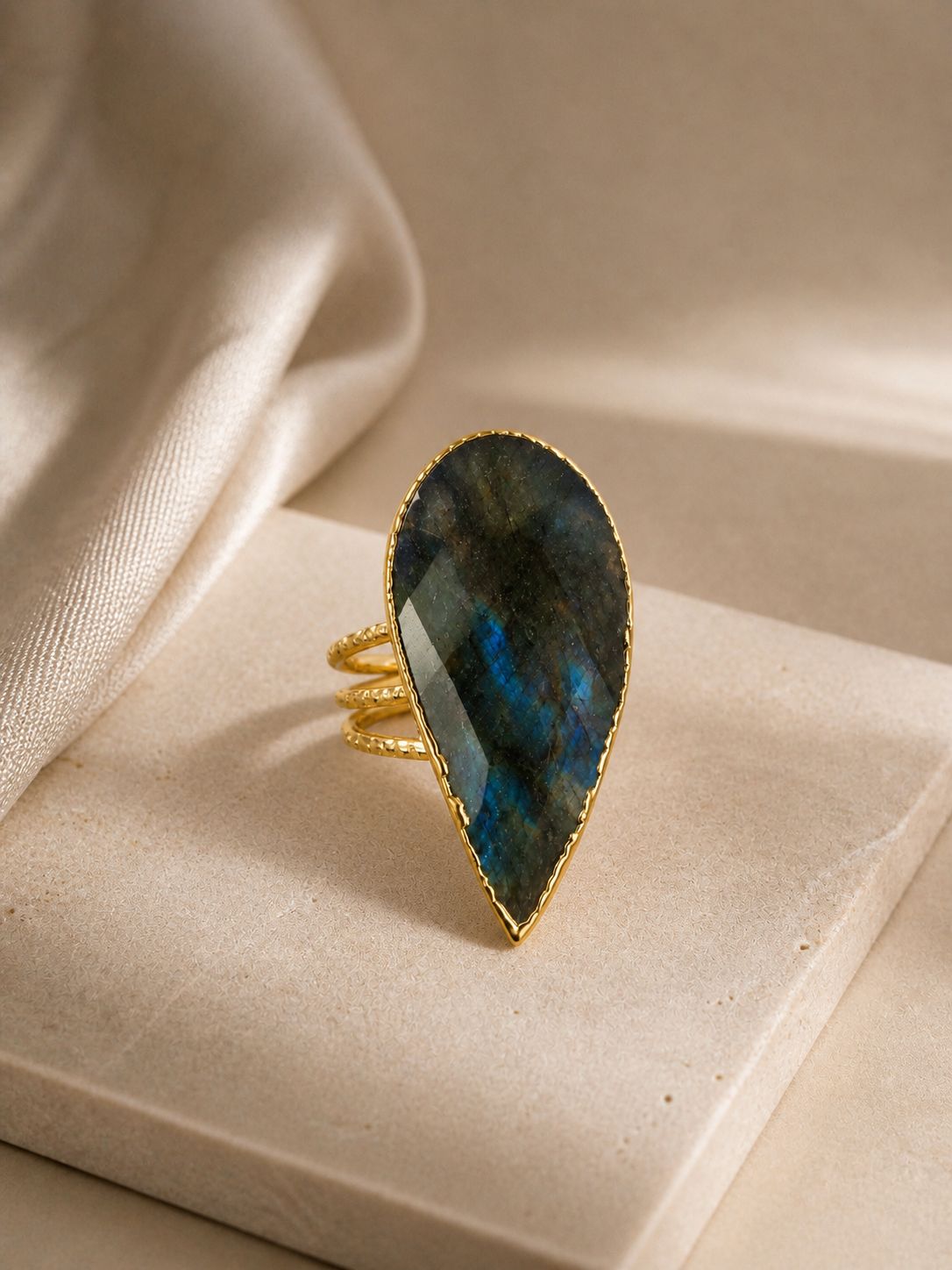 Midnight Blue Stone Adjustable Ring – 14K Gold Plated over Brass