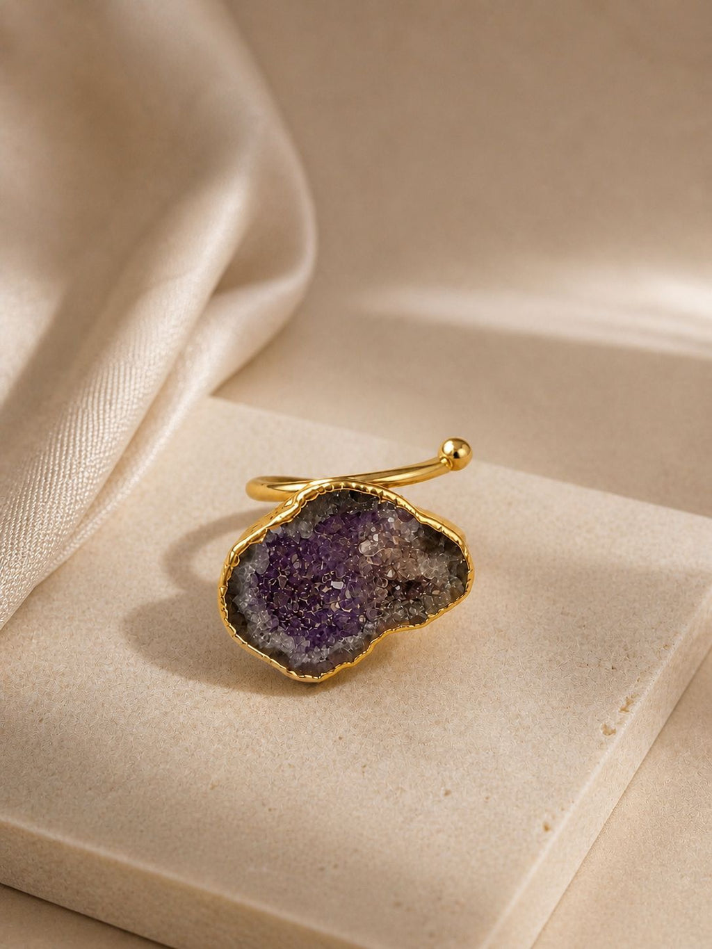 Violet Crystal Adjustable Ring – 14K Gold Plated Over Brass