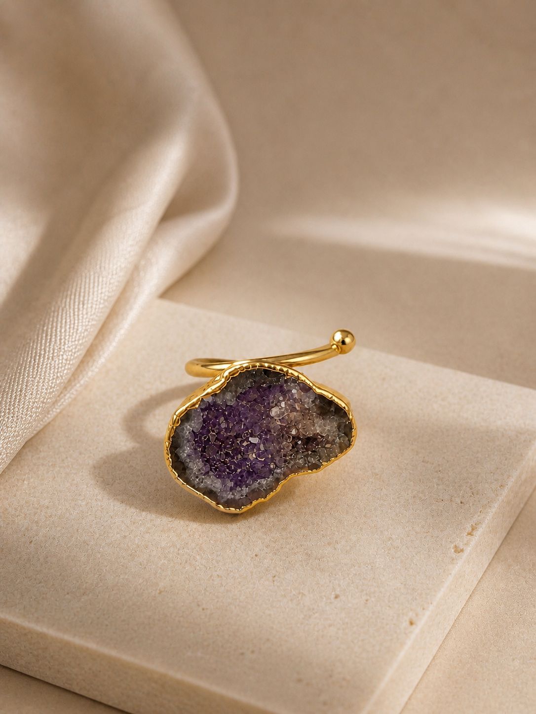 Violet Crystal Adjustable Ring – 14K Gold Plated Over Brass
