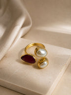 Royal Pearl & Ruby Adjustable Ring – 14K Gold Plated over Brass