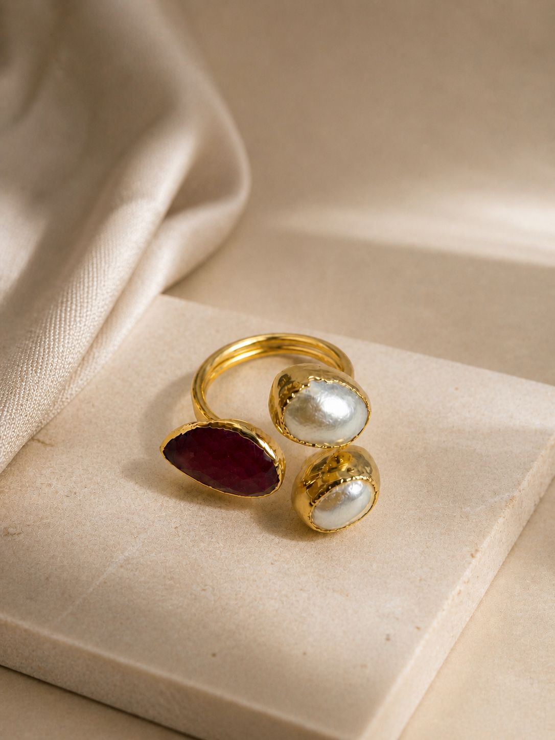 Royal Pearl & Ruby Adjustable Ring – 14K Gold Plated over Brass