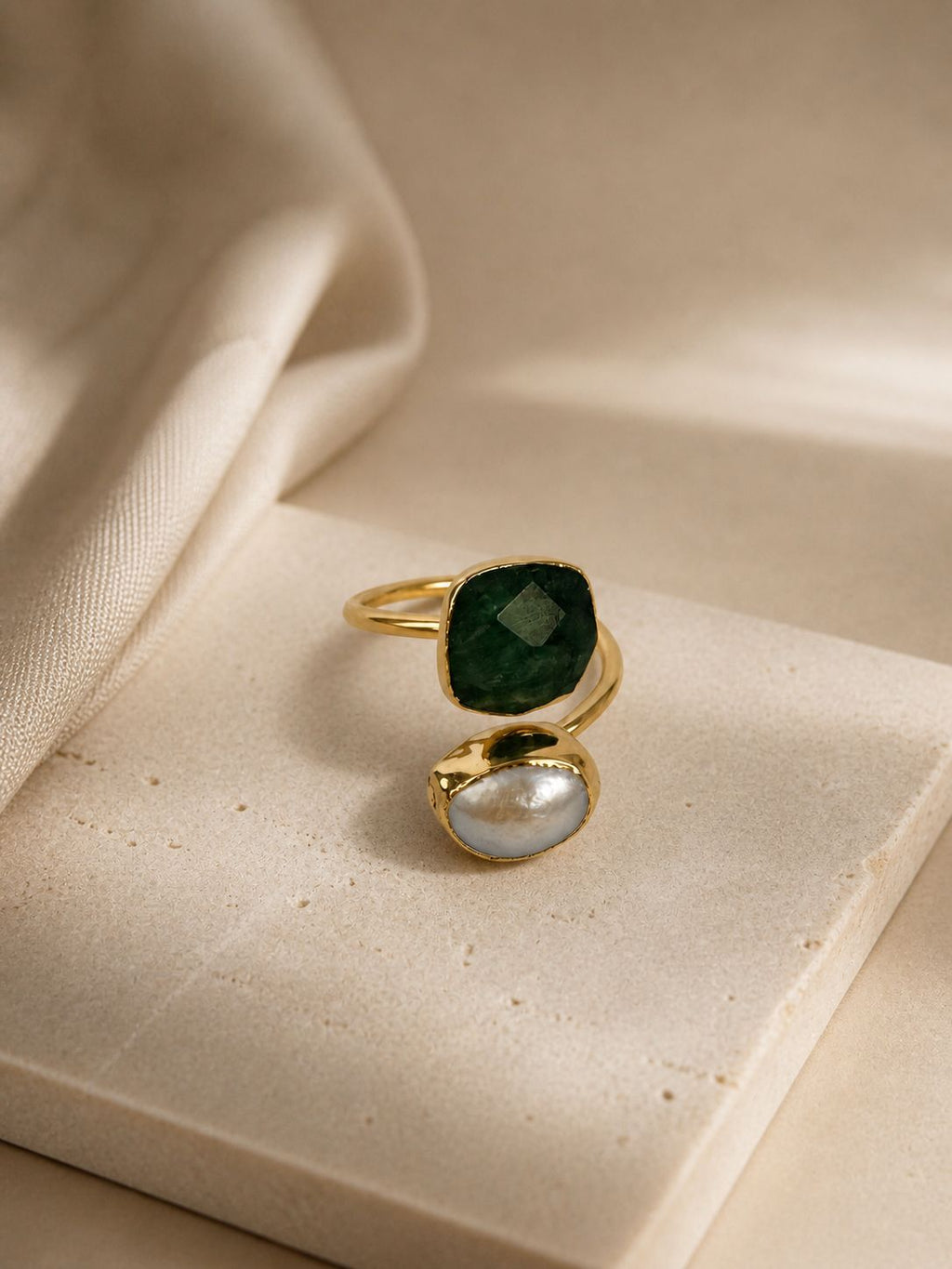 Emerald Pearl Adjustable Ring – 14K Gold Plated Over Brass