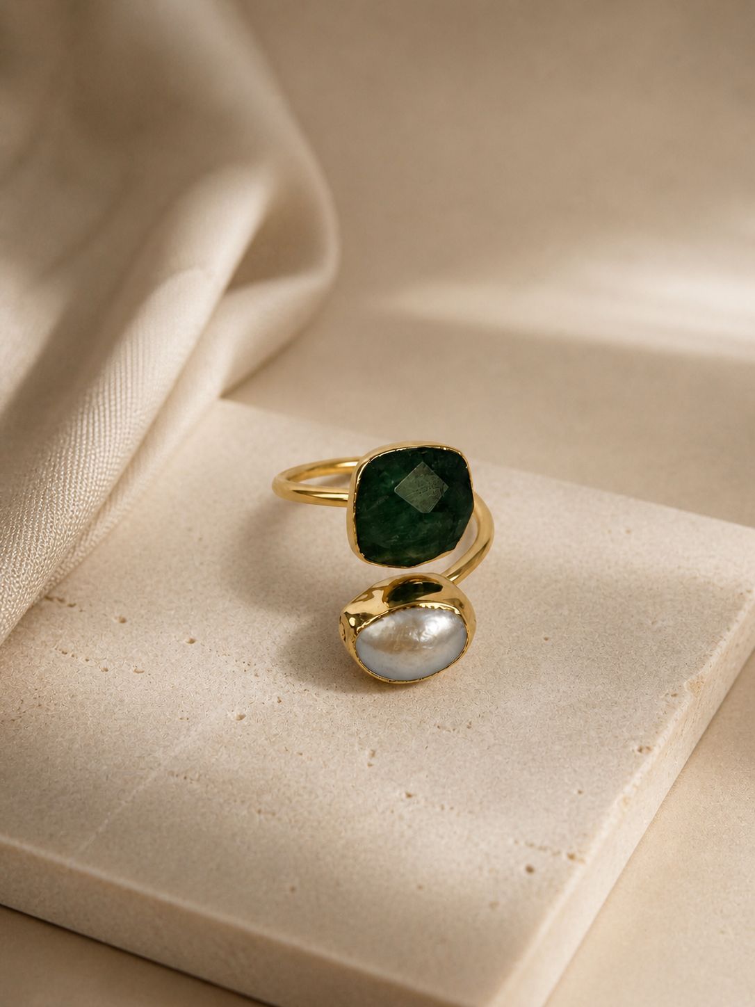 Emerald Pearl Adjustable Ring – 14K Gold Plated Over Brass