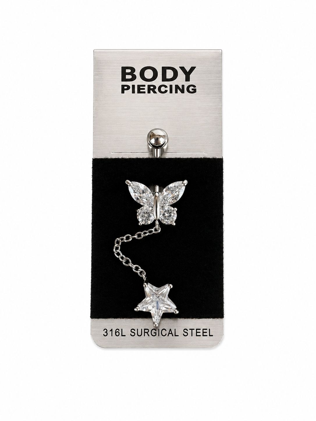 Surgical Steel Belly Button Ring with Butterfly and Star Detail