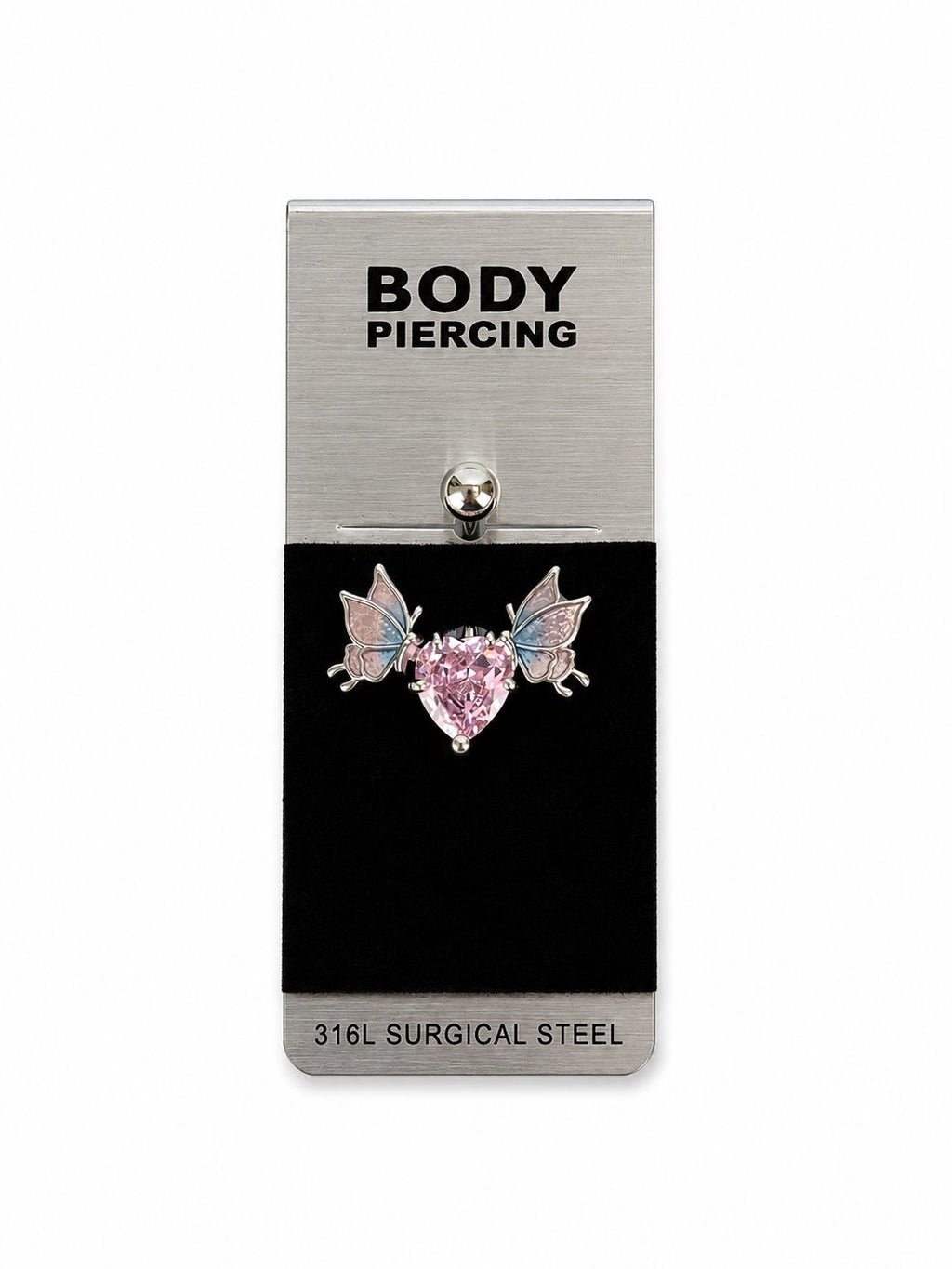 Pink Heart & Butterfly Detail Belly Button Ring | 316L Surgical Steel