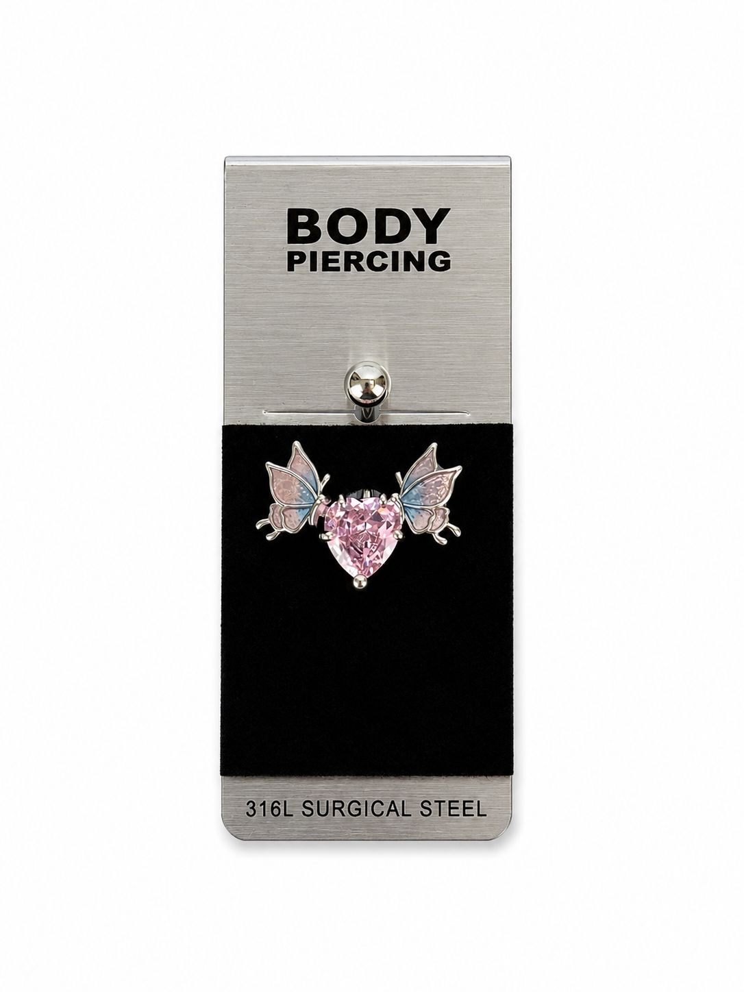 Pink Heart & Butterfly Detail Belly Button Ring | 316L Surgical Steel