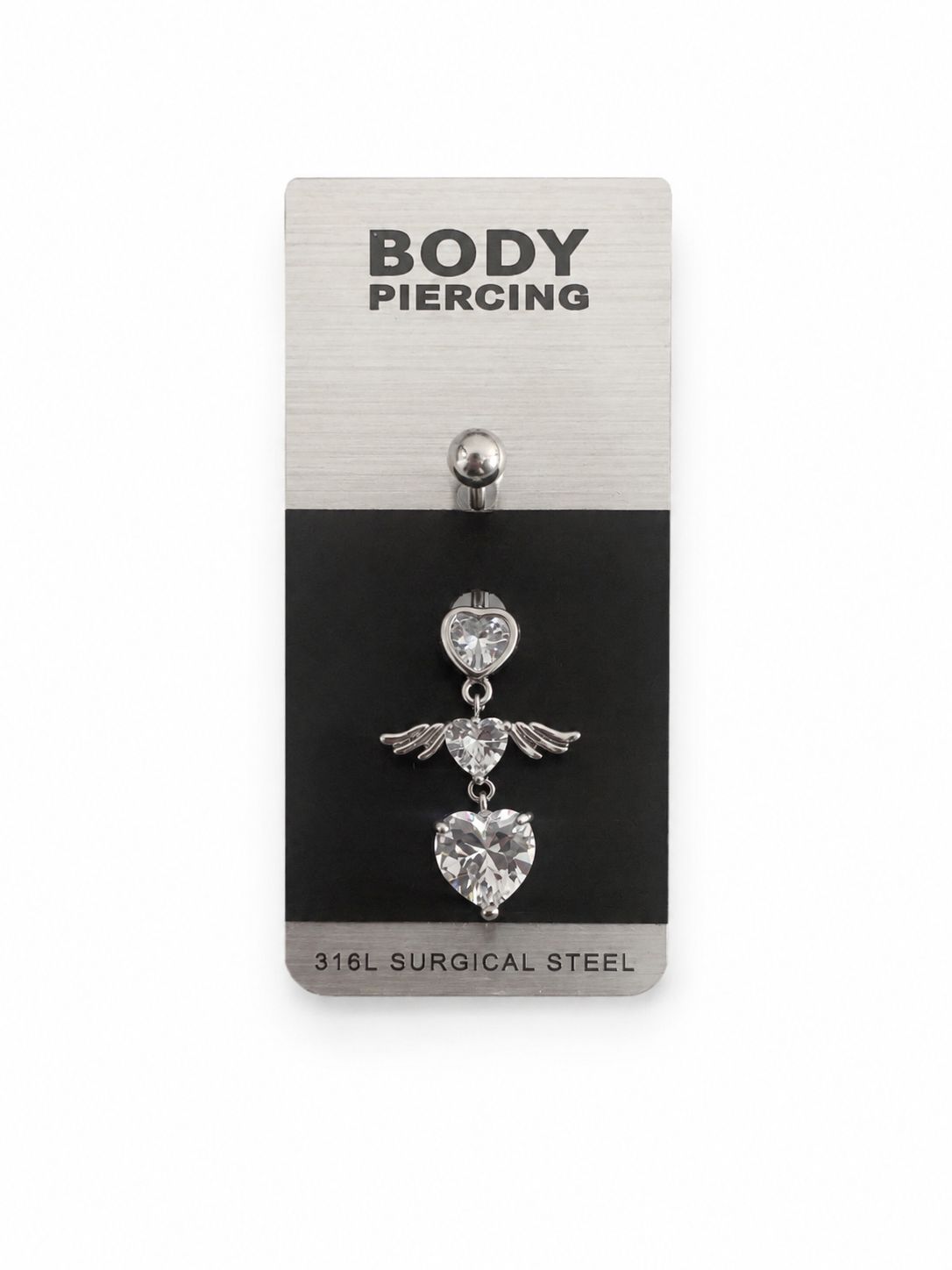 Angel Wing Heart Navel Piercing - Surgical Steel Dangle Piercing with Stone