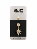 North Star Belly Button Ring - Surgical Steel 18K Gold Plated Dangling Gemstone Piercing