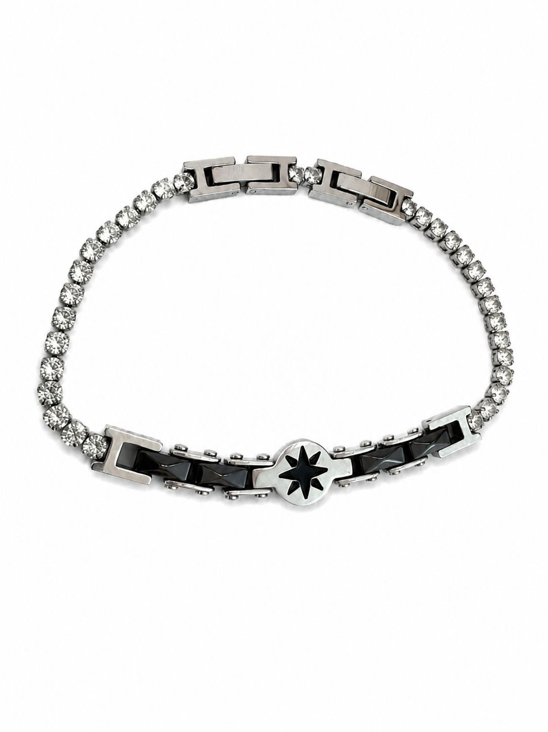 Herrenarmband aus Stahl und Keramik mit Zirkonstein-Details – Schwarz glänzender Stein 21 CM