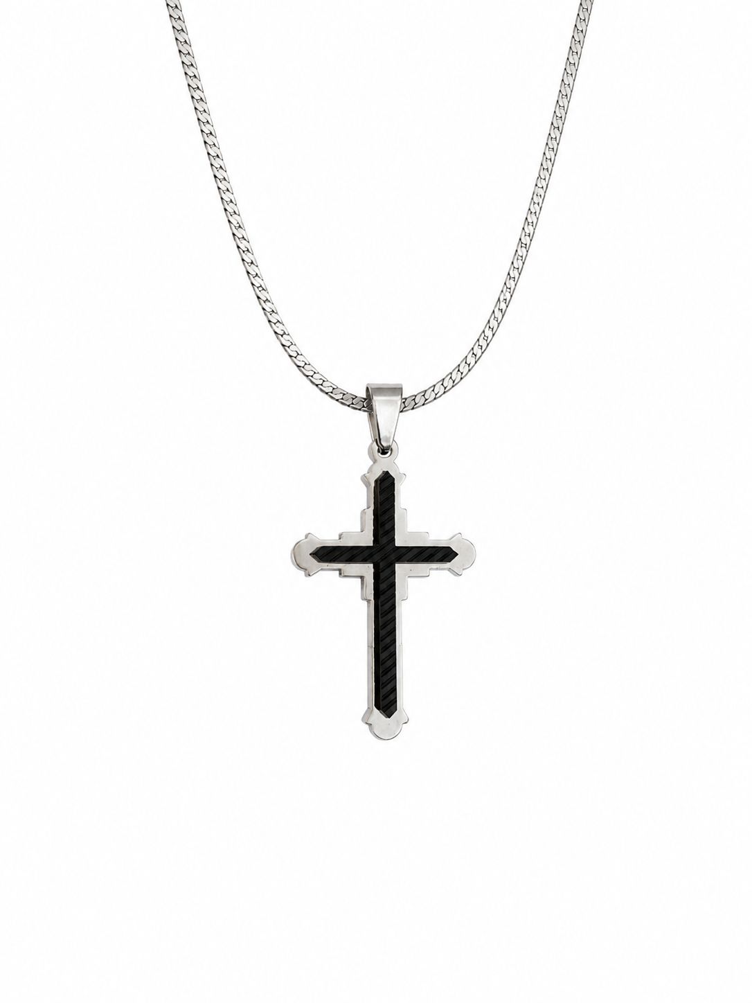 Black Detailed Cross Necklace – Steel Chain Necklace