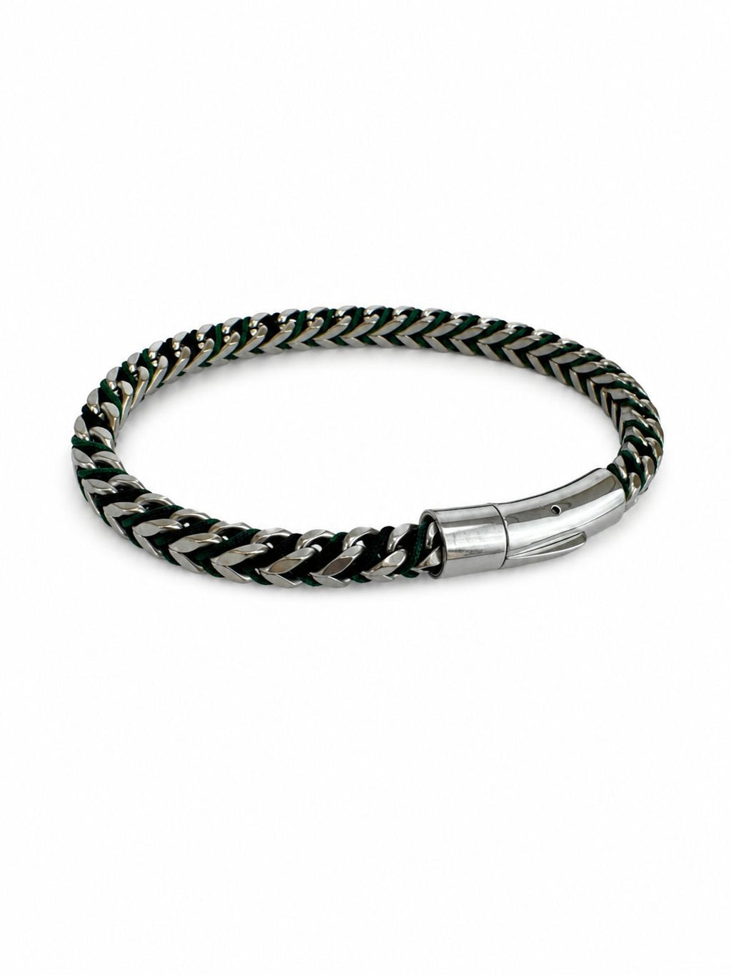 Herrenarmband aus Stahlgeflecht – Schwarz & Grün mit Kordeldetails, 21 cm
