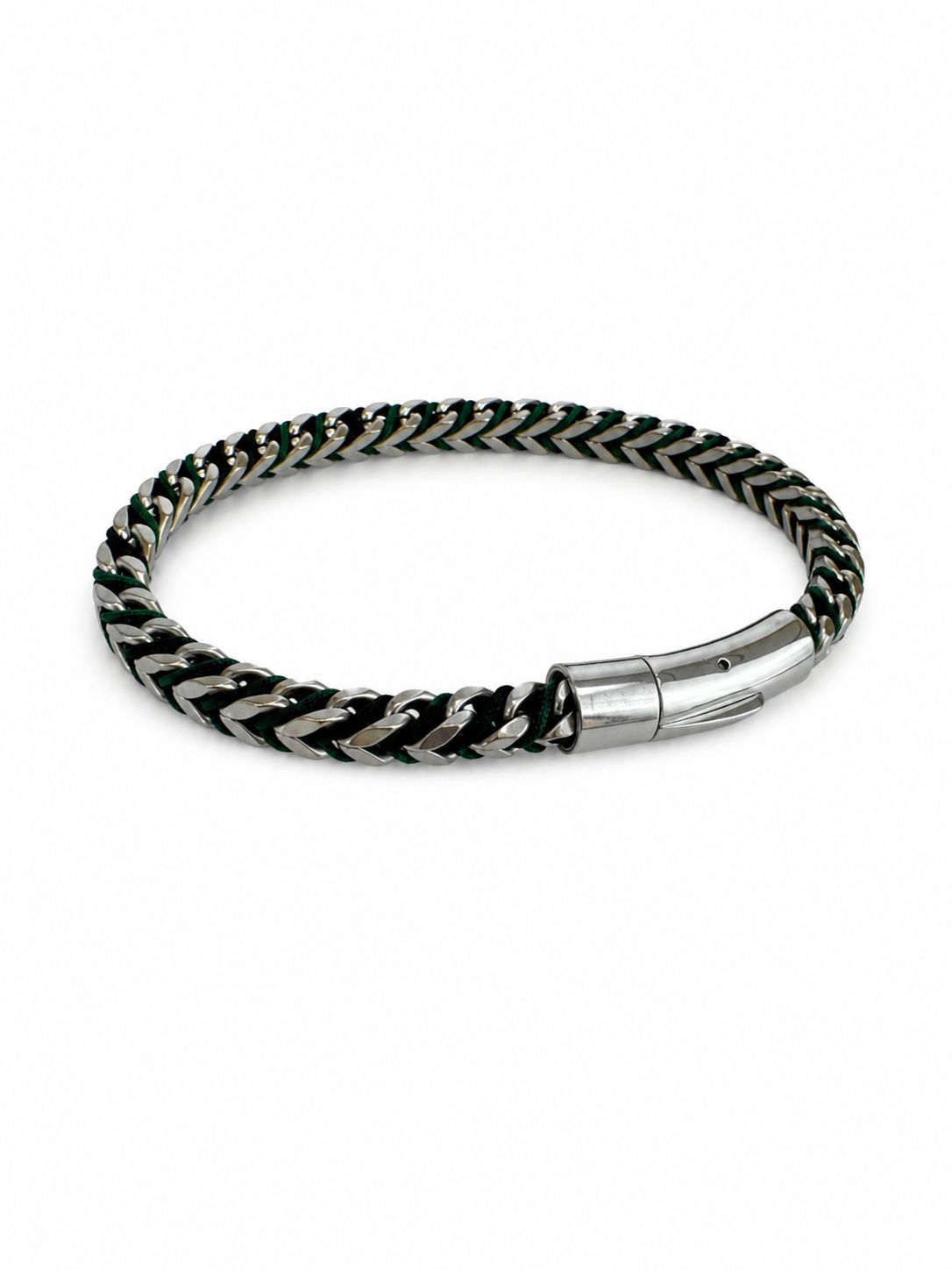Herrenarmband aus Stahlgeflecht – Schwarz & Grün mit Kordeldetails, 21 cm