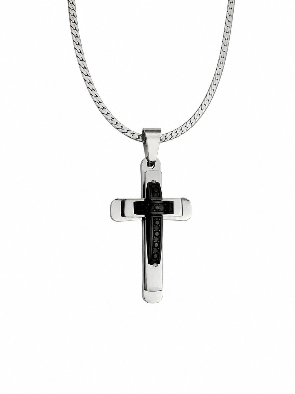 Black Detailed Cross Necklace – Steel Chain Necklace
