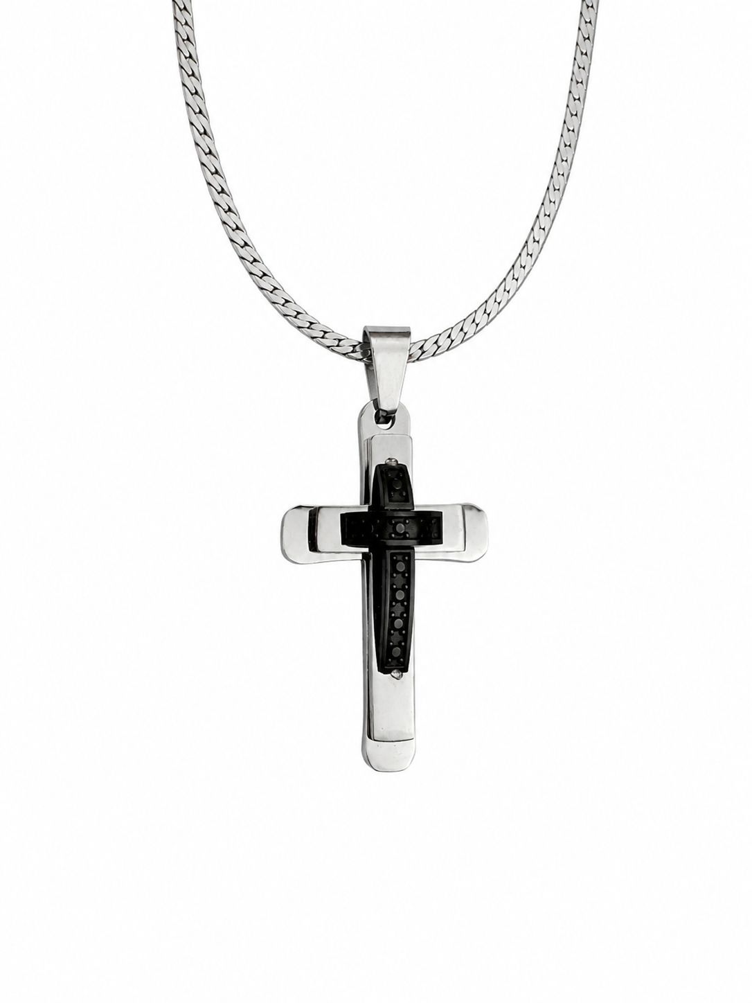 Black Detailed Cross Necklace – Steel Chain Necklace