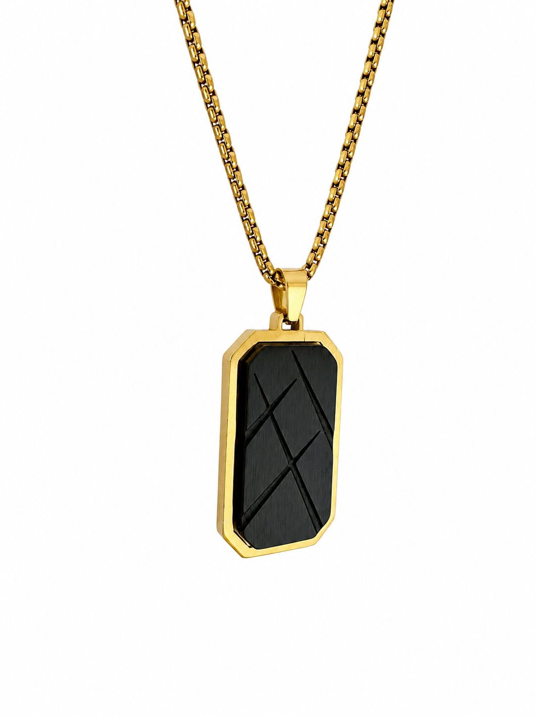 18K Gold Plated Steel Men's Necklace – Black Detailed Geometric Pendant | Adjustable 27-29 CM