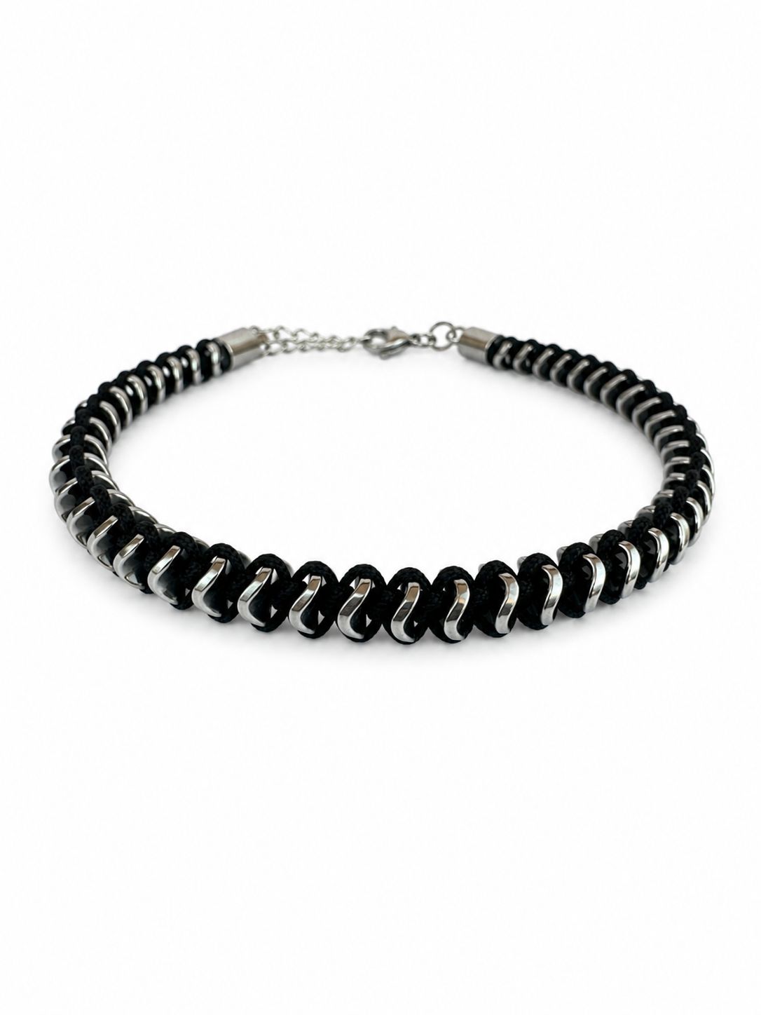 Black Steel Detailed Cord Bracelet – Modern Design