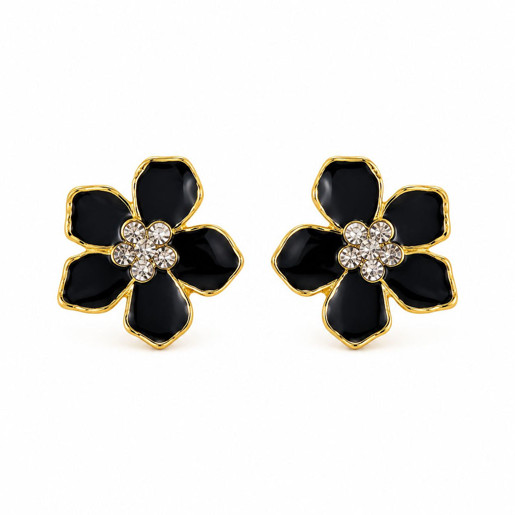 Women's Gold Shirt Blazer Cufflinks with Black Floral Detail | Elegant Design with Stone Embellishments