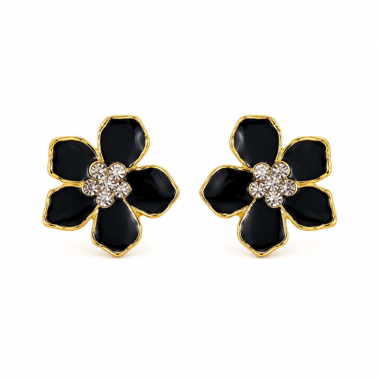 Women's Gold Shirt Blazer Cufflinks with Black Floral Detail | Elegant Design with Stone Embellishments