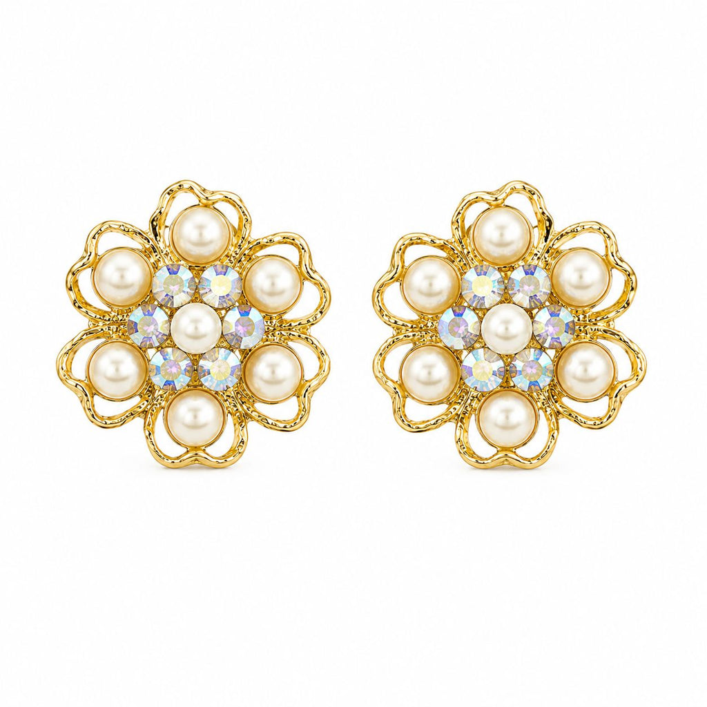 Pearl and Stone Detailed Gold Women's Shirt Blazer Cufflinks | Vintage Floral Design