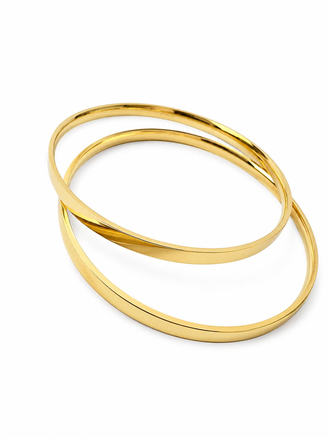 14K Gold Plated Steel Minimal Cuff Bracelet Set - 2 Piece Gold Combination