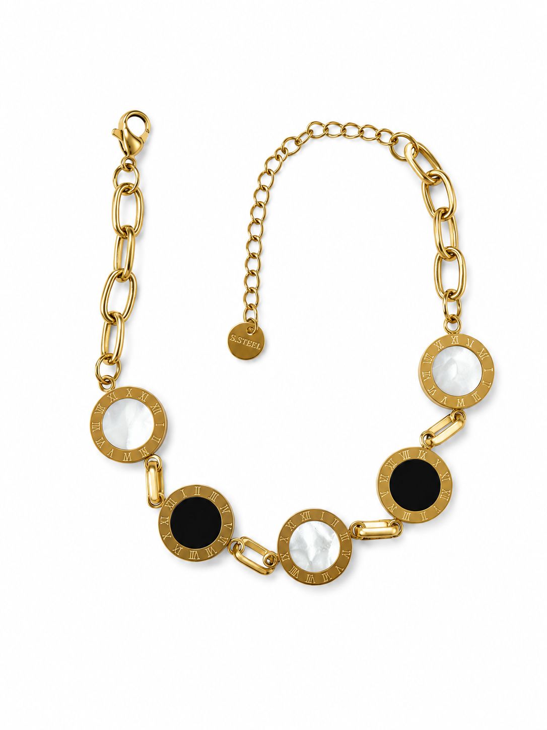 Steel 14K Gold Plated Roman Numeral Bracelet – Adjustable Size