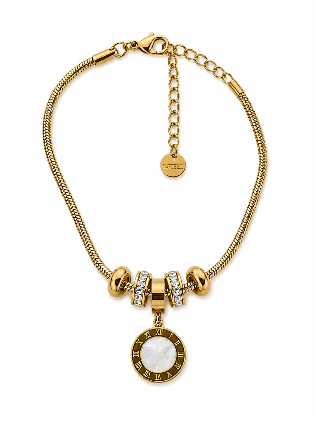 Edelstahl 14K vergoldetes Charm-Armband mit römischen Ziffern – Verstellbare Größe