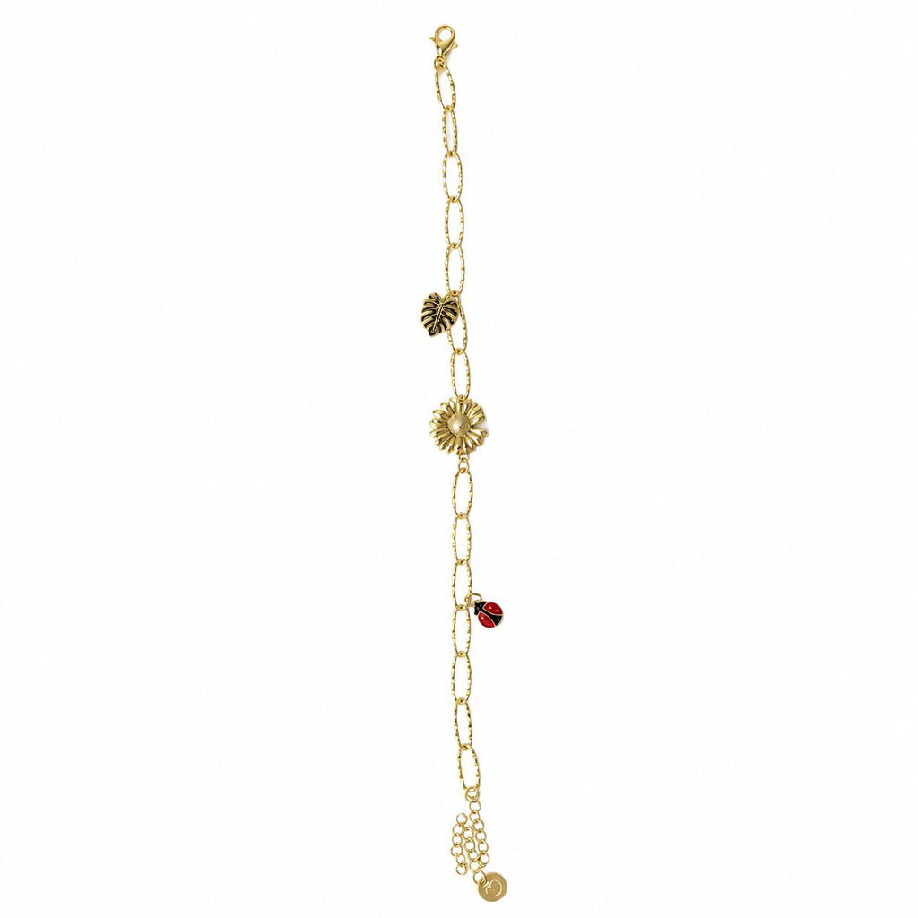 Ladybug and Daisy Detailed Anklet – 14K Gold Plated Steel Anklet