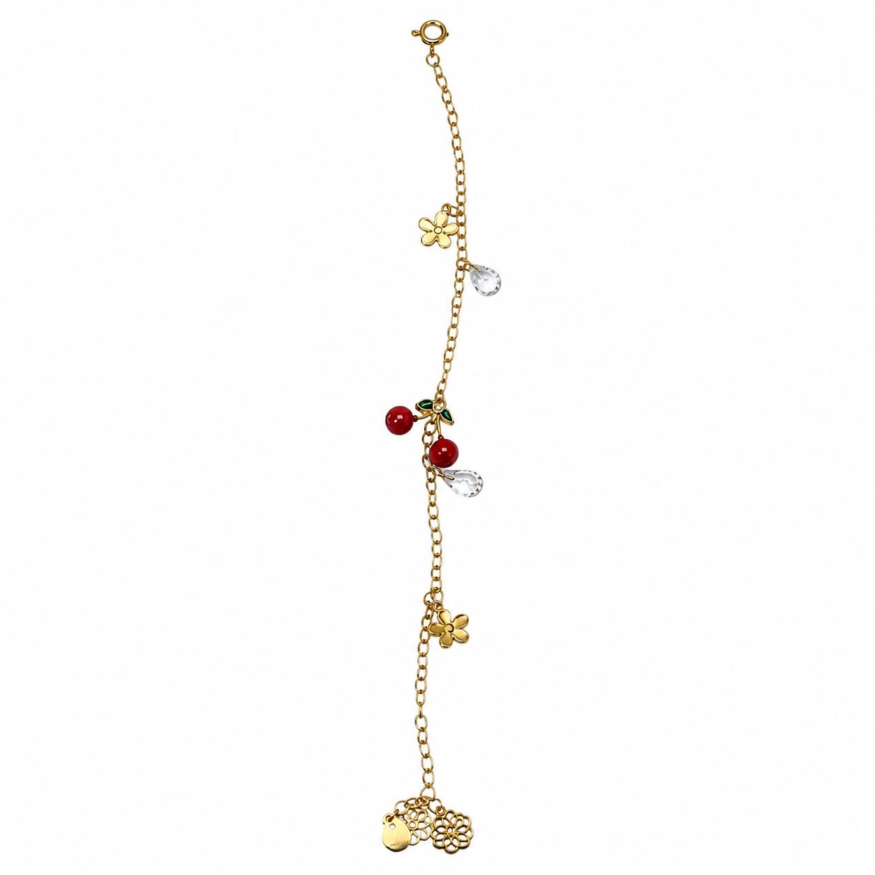 Cherry and Crystal Stone Detailed Steel Anklet – 14K Gold Plated Anklet