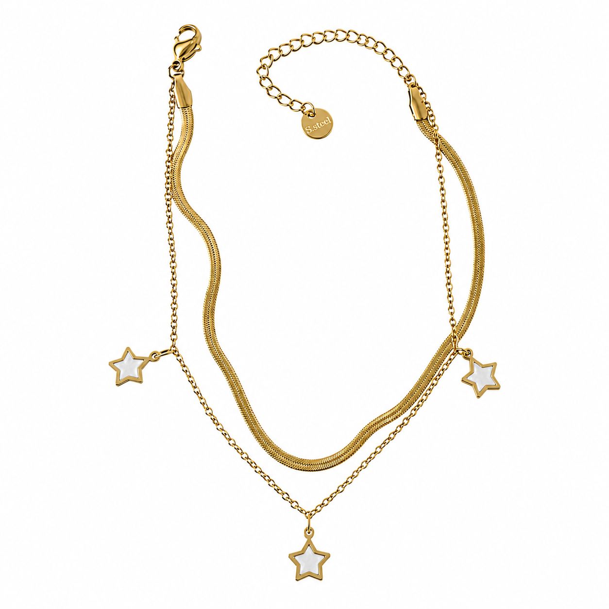 Star Detailed Double Chain Anklet – 14K Gold Plated Steel Anklet