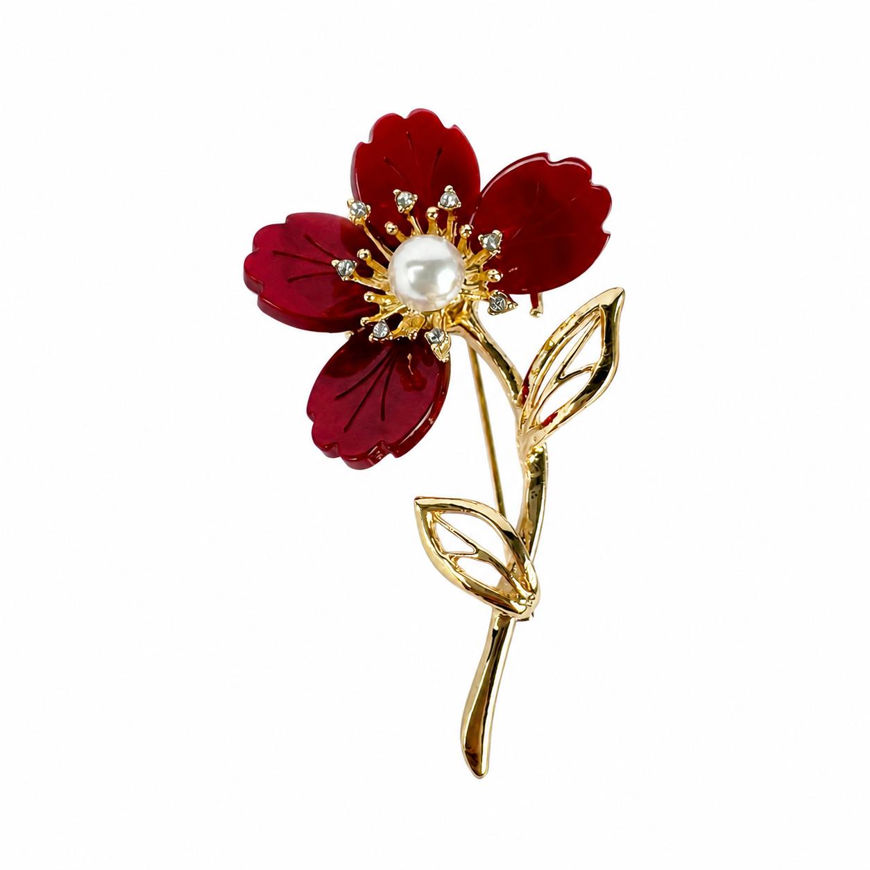 Ruby Bloom Brosche – Rote Blume mit Perlen- und Steindetails