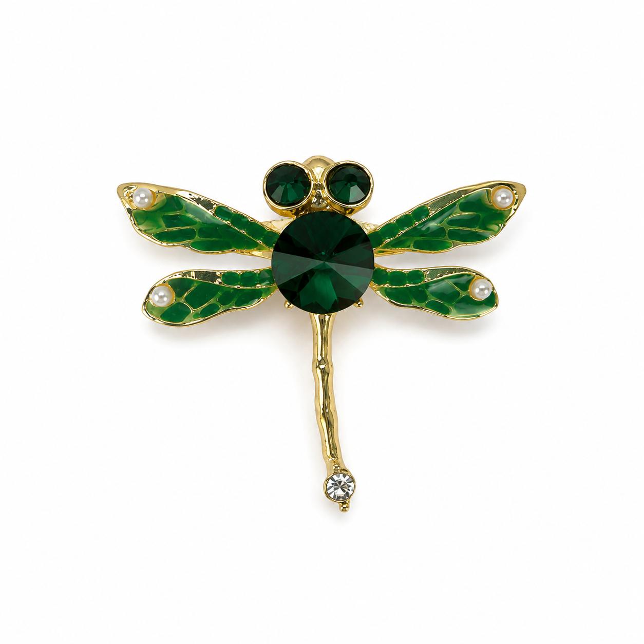 Green Stone Dragonfly Brooch – Elegant Design with Crystal and Pearl Details