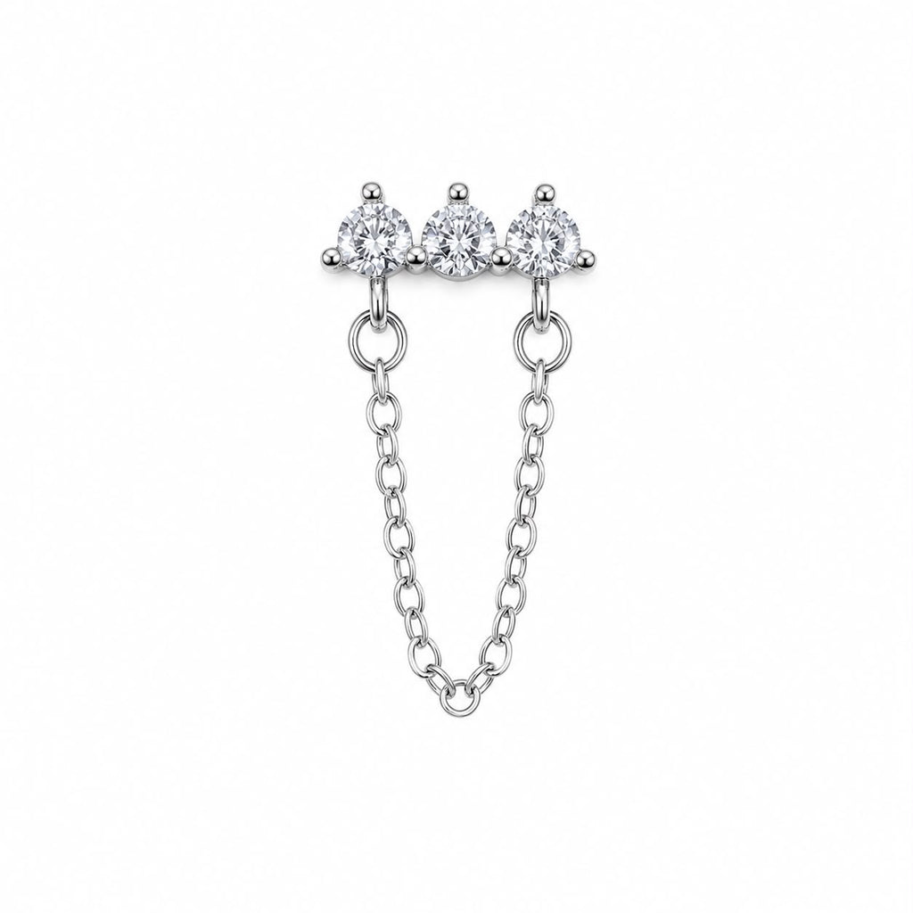 Surgical Steel Ear Piercing with Chain Detail and Zircon Stone