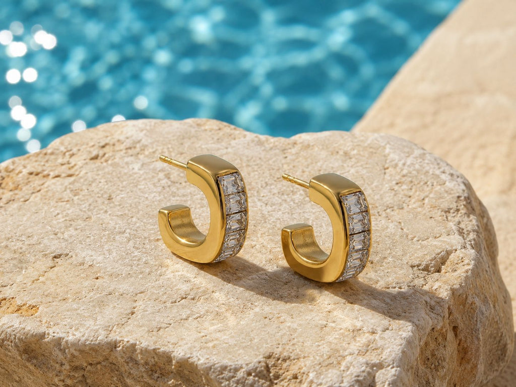 Baguette Zircon Stone Hoop Earrings – Steel | 18K Gold Plated | Water Resistant